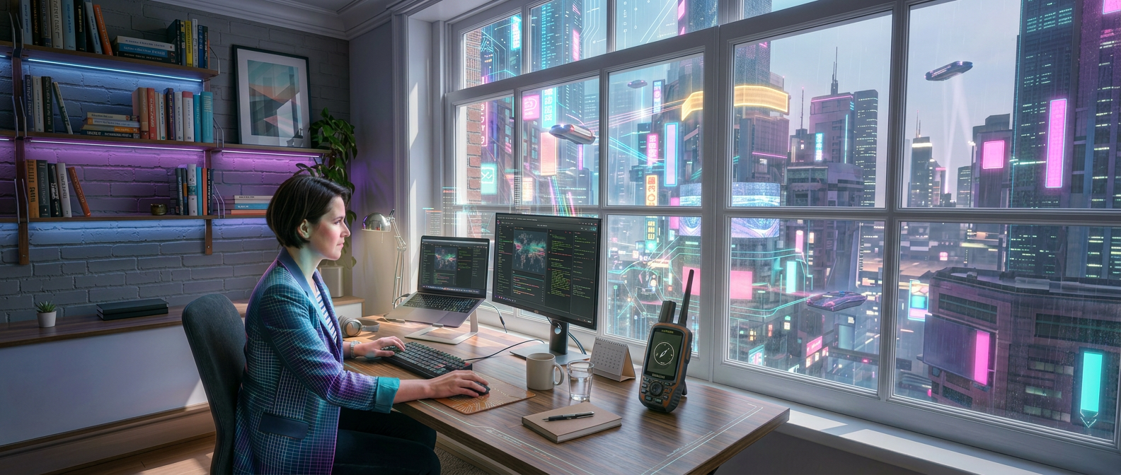 Person sitting at a desk using laptop and monitor with charts and software on screens